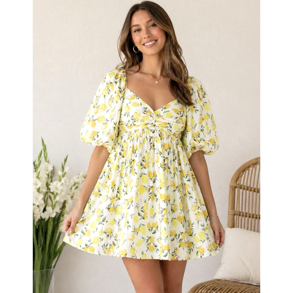 Trixxi Lemon Print Baby Doll Dress Puff Sleeve Yellow Sz Xl